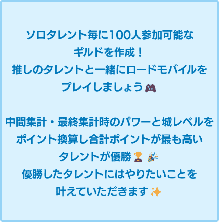 ソロタレント毎に100人参加可能なギルドを作成！推しと一緒にロードモバイルをプレイしましょう！中間集計・最終集計時のパワーと城レベルをポイント換算し、合計ポイントが高いタレントが優勝！優勝したタレントにはやりたいことを叶えていただきます！